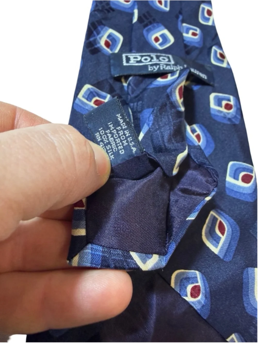 Polo Ralph Lauren Silk Tie Navy Blue Geometric Pattern Classic Necktie